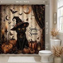 1pc/4pcs Magic Black Cat Pumpkin Pattern Shower Curtain, Halloween Home Decor Printed Bathroom Partition Curtain, Comes With 12 Hooks, Universal Bathroom Accessory, Halloween Vintage Farmhouse Style Bathroom Decor, Single Curtain Available In 150*180cm+180*180cm+180*200cm, 4pcs Set Size (180*180cm+45*75cm+45*38cm+38*45cm) - Magic Black Cat - View 12