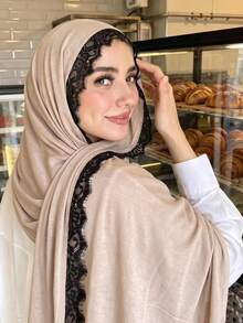 1pc New Silk Cotton Lace Scarf, Women's Muslim Hijab, Daily Soft Breathable Long Scarf, Elegant Headscarf, Versatile Elastic Shawl - Multicolor - View 12