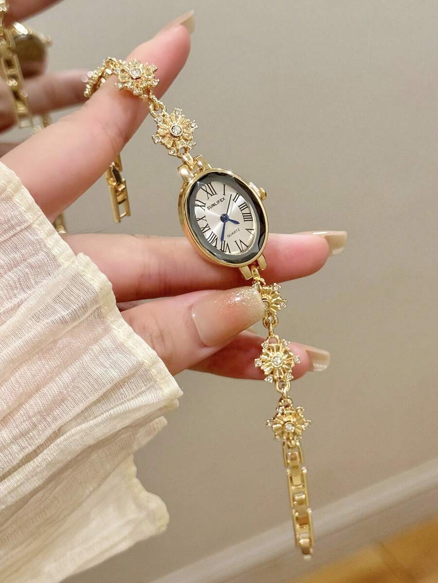 1件金色橢圓形女款石英手錶,優雅時尚,適合日常配戴,生日、畢業禮物,休閒聚會與宴會 - 金色 - 查看 1