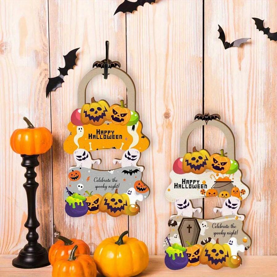 2pcs Halloween Hanging Decorations - Pumpkin & Bat Pattern With "Happy Halloween" Slogan, Suitable For Various Holiday Door Decor, Such As Christmas, Thanksgiving, Halloween Decorations, Christmas Decorations - 2pcs - View 1