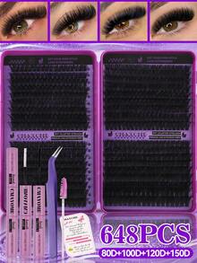 720/666/648/180 Clusters D Curl Single Strand False Eyelashes, Large Capacity, Suitable For Beginners, Long-Lasting Thick And Fluffy, Big Eye Makeup, Classic Realistic Bundled False Eyelashes, Includes Adhesive, Sealer, Tweezers, Brush - Purple - View 13
