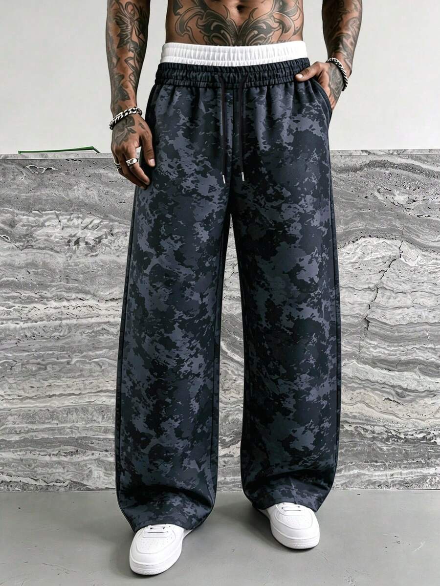 Men's Spring/Autumn Colorblock Camouflage Straight Leg Loose Fit Commuter Fitness Jogging Versatile 2 In 1 Sports Long Pants - Dusty Blue - View 1