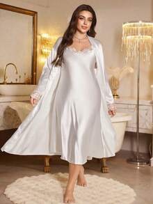 Plus Size White Satin Lace Camisole Nightgown + Robe 2 Pieces Set Bridal Morning Robe Loungewear - White - View 1