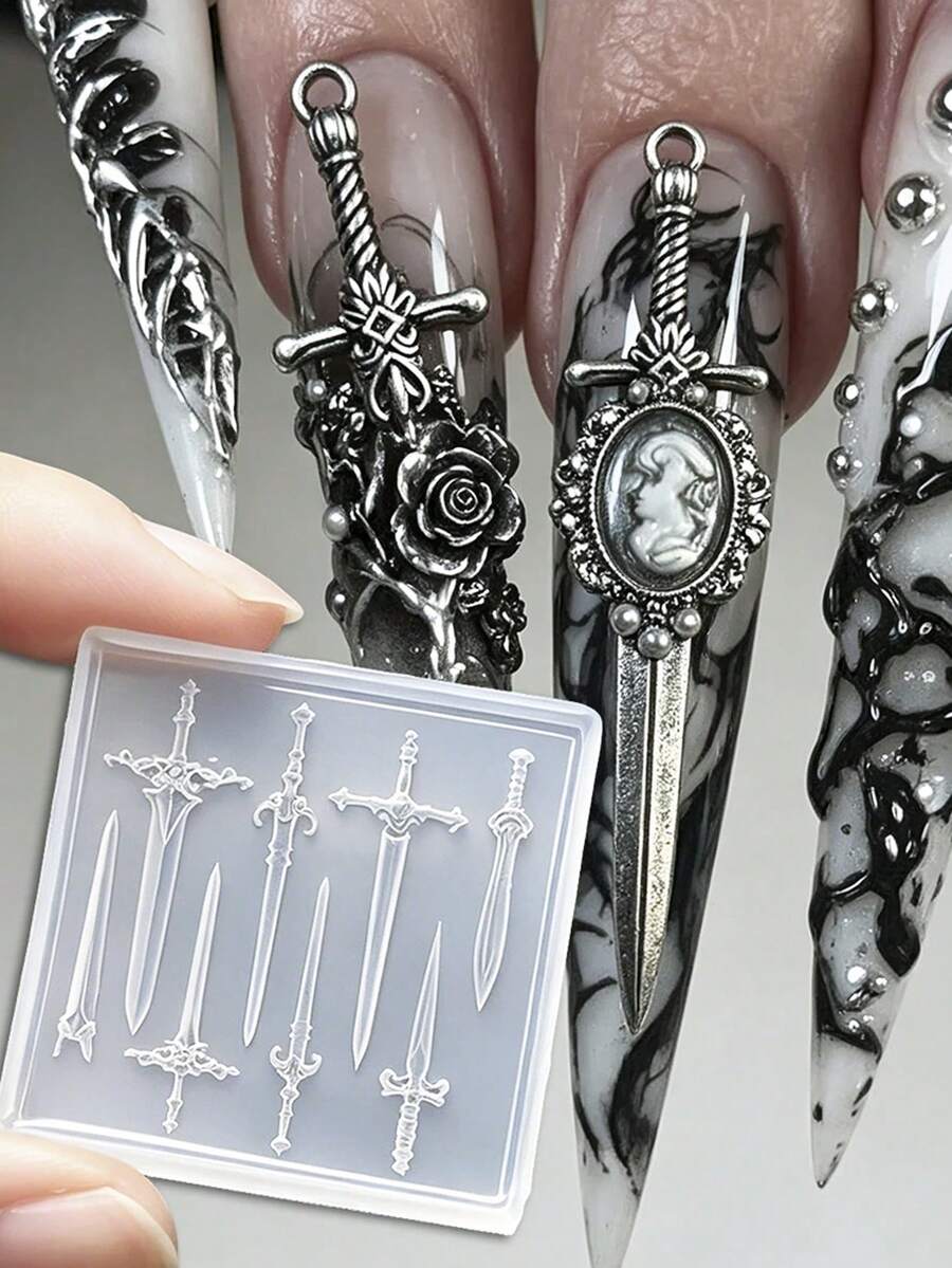 3D十字劍美甲矽膠模具 可重複使用美甲雕刻模板 DIY哥德龐克美甲飾品萬聖節美甲裝飾製作工具 - 無色 - 查看 1