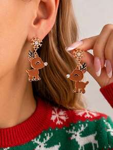 1 Pair Christmas Cute Snowflake & Reindeer Rhinestone Earrings, Perfect Gift Choice - Multicolor - View 1