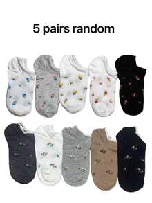 5 pares de calcetines tipo barco con estampado floral pequeño multicolor aleatorio (sin bordado), transpirables y cómodos, adecuados para todas las estaciones, colores aleatorios - Multicolor - Ver 12