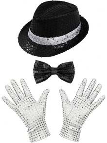 3pcs D EXCEED Disco Star Performance Costume Accessories, Unisex, Sequin Hat, Gloves, Bow Tie, Popular Stage Party Outfit, Suitable For Halloween Party, Cosplay - Multicolor - View 7