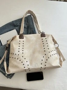 Fashion Solid Color Large Capacity Commuter Practical Handbag, Elegant Versatile Rivet Inlaid Textured Women's Shoulder Bag, Suitable For Shopping, Wallet, Shopping, Young Women, College Students, Newcomers, White-Collar Workers. They Are Perfect For Office, University, Work, Business, Commuting, Outdoor Activities, Travel And Outings - Beige - View 9