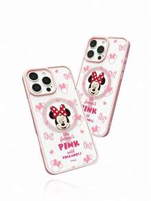 Miniso 1pc New Magnetic Bracket Wireless Charging Case, Creative Pink Raised Camera Protection Pattern, Unique Officially Licensed Disney Cute Stitch & Angel Cartoon Phone Case, Thick Anti-Fall Protective Cover Compatible With Apple IPhone 17 ProMax/Air, 16, 11/12/13/14 Plus, XR, 7/8 Plus, 15 ProMax, Couples Gift - Pink - View 4