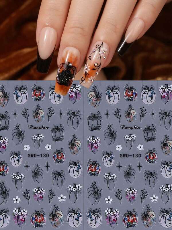2pcs Black & White Color Block Autumn Pumpkin & Floral 5D Embossed Nail Stickers, Halloween & Day Of The Dead Theme Nail Art Supplies, Holiday Gift, Suitable For Autumn Daily, Thanksgiving Party & Countryside Vacation
