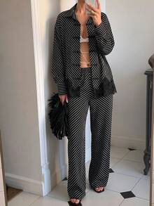 Women's Black Non-Stretch 2 Pieces Set Striped Lapel Long Sleeve Top With Lace Trim And Flare Pants - Black - View 10