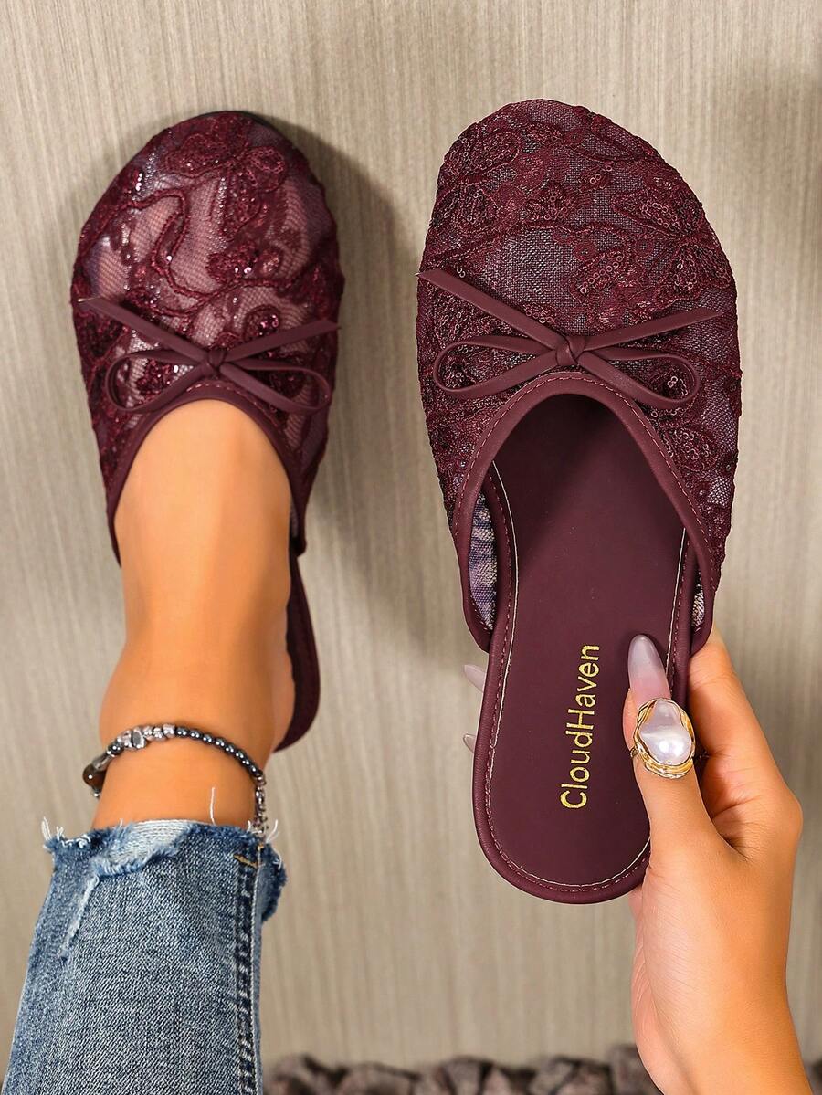 Bowknot Lace Breathable Silk Head Slippers, Non-Slip Soft Sole, Indoor And Outdoor Dual-Use Slippers - Burgundy - View 1