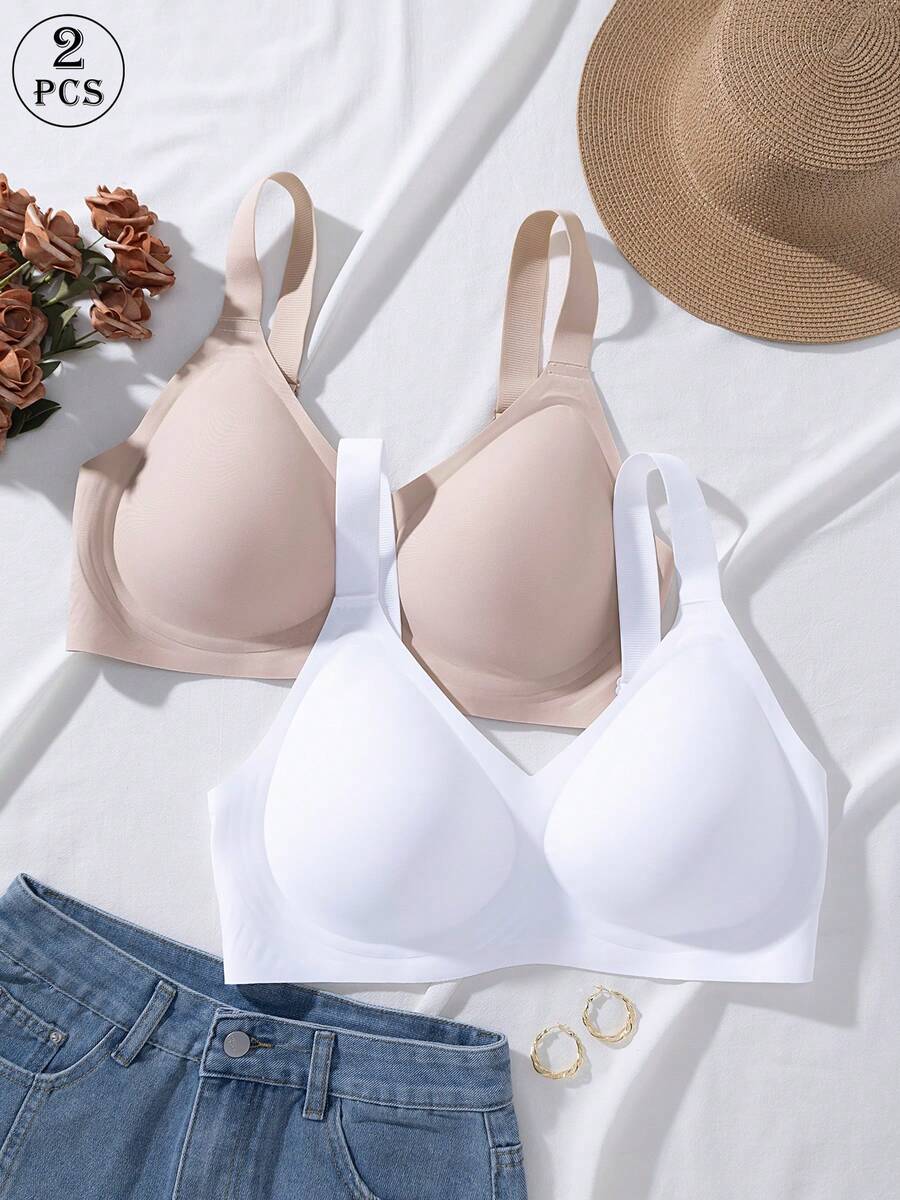 2pcs Jelly Glue Wire-Free Plus Size Bra With Adjustable Wide Strap, Seamless Back Closure With 4-Row Hooks For Enhanced Support And Cup Stability, Suitable For Commuting, Daily Wear, Home, Sports And Multiple Occasions, Plus Size Women's Bra - Multicolor - View 1