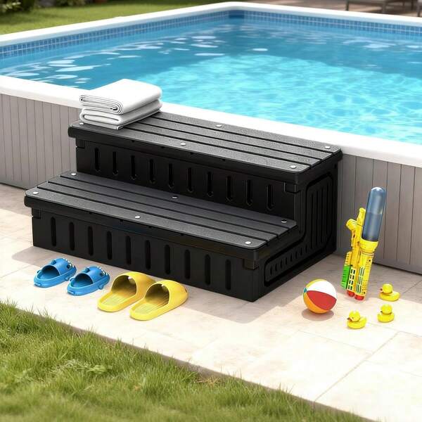 36 Inch Hot Tub Steps With Storage, 2 Tier Spa Stairs Platform, Heavy Duty Non Slip Surface Tread, Heat Resistant Top Cover Mat, Waterproof Storage Box Cabinet For Pool RV Porch Outdoor Spa, Black