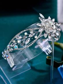 1pc Elegant Alloy Flower Rhinestone Bridal Hair Comb Women Hair Accessory For Wedding Party Event Daily Wear - Silver - View 7