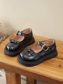 Girls' British Style Leather Shoes, T-Strap Buckle, Brogue Carved Design, Versatile Student Shoes For Spring And Autumn - Black - View 2