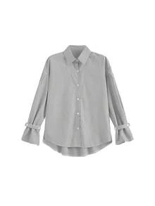 Korean Style Autumn Design Niche Fine Striped Loose Fit Shirt Women Minimalist Versatile Long Sleeve Top - Black - View 5
