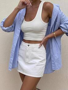 Women's White Cotton Denim Casual Daily Skirt - White - View 5
