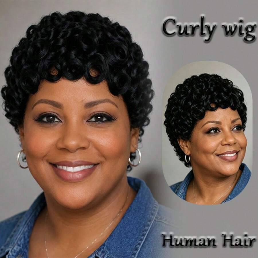 AMECIRE Wig Potongan Pixie, Wig Keriting, Wig Rambut Manusia, Wig Rambut Manusia, Mudah Dipakai, Wig Rambut Pendek dengan Poni, Topi Jala Elastis, Cocok untuk Semua Orang