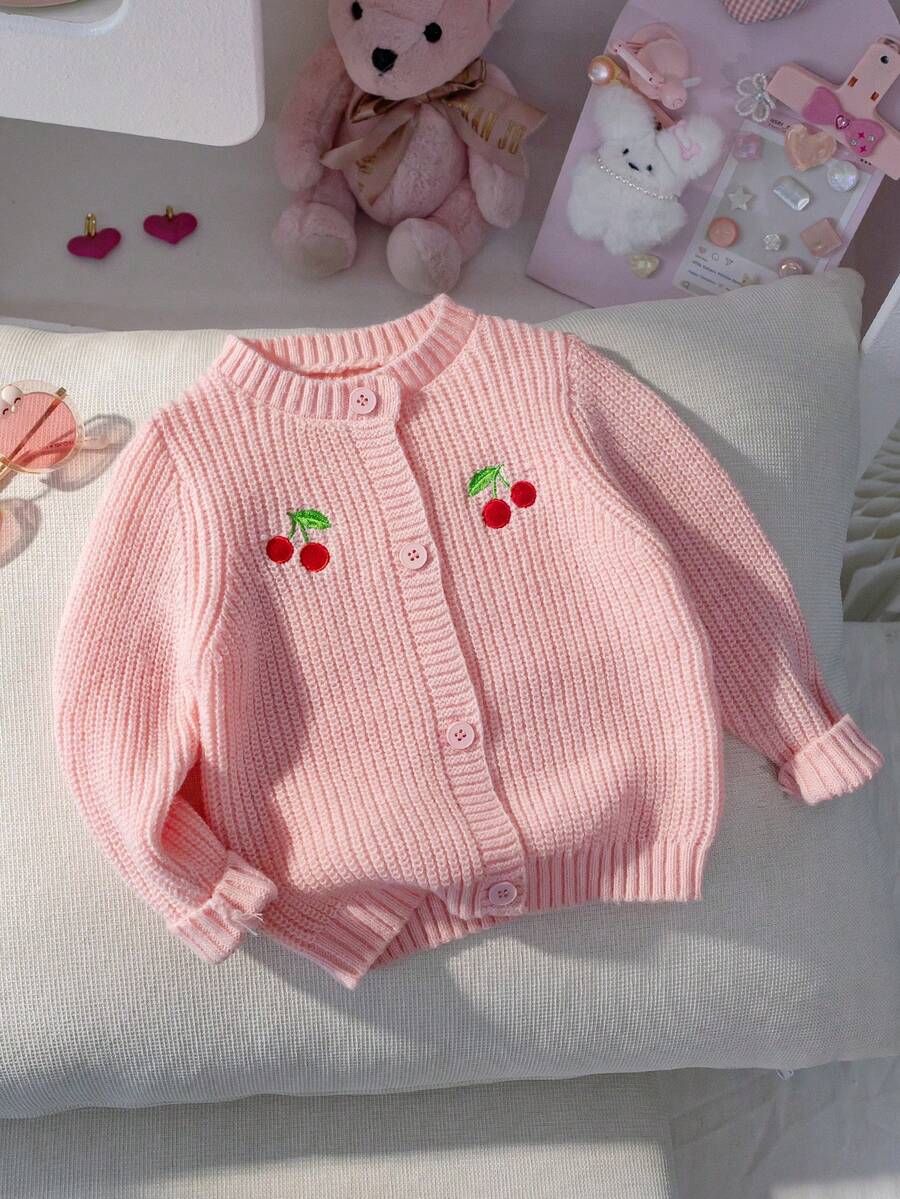 Baby Girl Sweet Cute Solid Color Cherry Embroidery Round Neck Long Sleeve Button Cardigan Sweater Knit Jacket Suitable For Daily Casual School Holiday Spring Autumn Winter - Pink - View 1