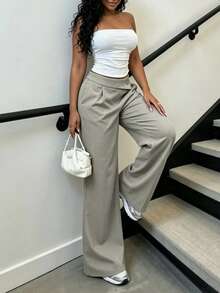 Women's High-Waisted Wide-Leg Pants With Pocket Design And Fold-Over Waist, Grey Draped Straight-Leg Trousers, Business Casual Style - Grey - View 2