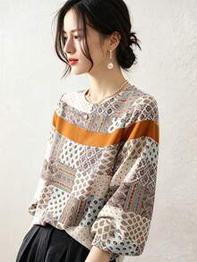 YUXIN New Spring Autumn Original Design Loose Digital Print Colorblock Women Shirt - Multicolor - View 2