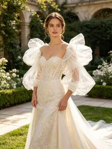 White Detachable Puff Mesh Sleeve Cuffs, Strapless Wedding Dress Accessory, Vintage Photography Gown Fluffy Tulle Sleeves - Multicolor - View 5