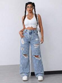 Women's Plus Size Distressed Loose Fit Denim Jeans, Y2K Retro Denim Style, With Pockets And Zipper - Blue - View 7