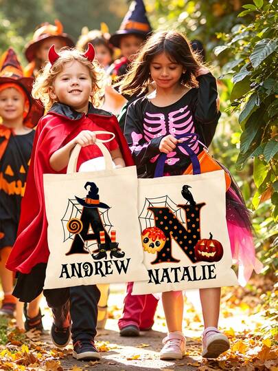 Saco de Doces de Halloween Trick or Treat para Crianças, Saco de Lona Personalizado de Halloween, Saco Tote de Halloween Personalizado com Nome, Saco Reutilizável para Doces