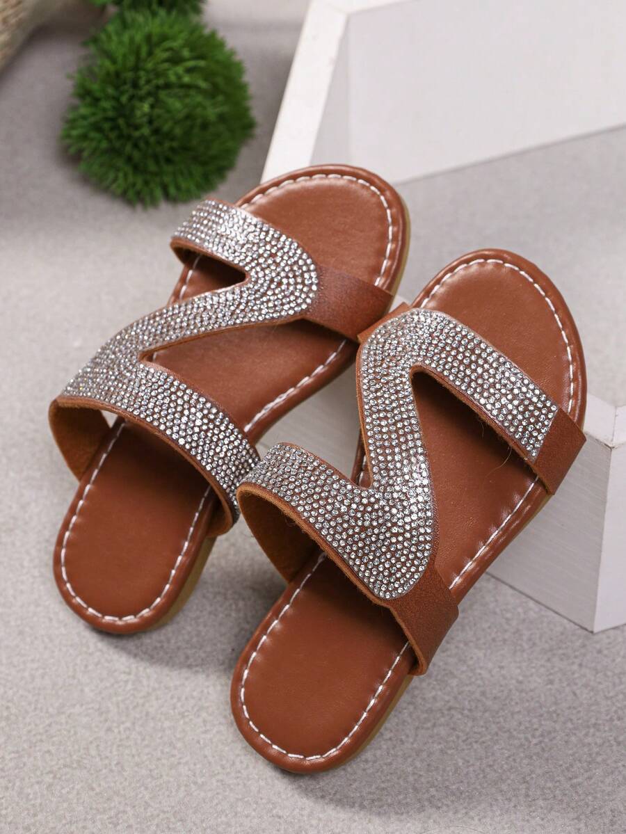 Light Luxury Style Girls Brown Z-Shaped Rhinestone Slip-On Sandals, Children's Summer Beach Vacation Outdoor Daily Wear Sandals