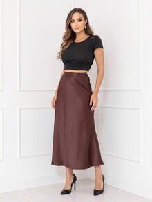 Elegant Long Satin Skirt Women's Fashion With Side Zipper Code167 - MARROM - 查看 2