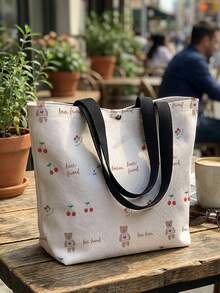 1pc Cartoon Bear & Cherry Print Canvas Tote Bag, Snap Button Large Capacity Shoulder Handbag, Casual Shopping Commuting School Daily Carry Bag - White - View 7