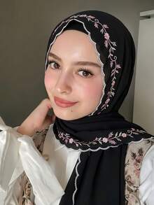 1件女款純色刺繡蕾絲長圍巾，夏季輕盈百搭透氣親膚，全包邊刺繡飾邊，柔軟垂墜高級感，適合日常穿搭 - 黑色 - 查看 2