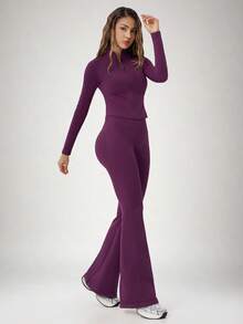 NcmRyu One Set Women's Seamless Ribbed Zip-Up Mock Neck Long Sleeve Flare Pants Sports Set - Purple - View 6