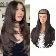 HEYPINK Ekstensi Rambut Jepit Bentuk V untuk Wanita 24 Inci Satu Bagian Ekstensi Rambut Lurus Sintetis untuk Seluruh Kepala dengan 5 Jepitan Cokelat Gelap - Hitam Coklat - View 11
