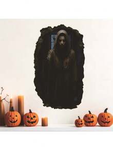 1pc Removable Halloween Wall Sticker, 2D Bloody Ghost Breaking Through Door, Scary Decor For Front Door, Haunted House, Halloween Party - Halloween Wall Stickers - View 1