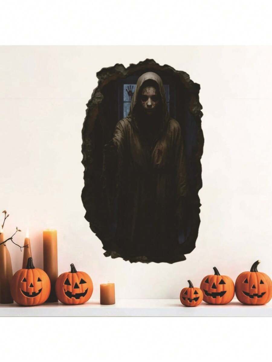 1pc Removable Halloween Wall Sticker, 2D Bloody Ghost Breaking Through Door, Scary Decor For Front Door, Haunted House, Halloween Party - Halloween Wall Stickers - View 1