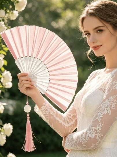 1pc/12pcs/24pcs Pink Tassel Glitter Hand Fan, Luxury Transparent Frame Folding Fan Suitable For Bride Wedding Photography, Vintage Lace Handheld Fan For Bride Wedding Banquet, Cosplay, Evening Dress Accessory, Shiny Casual Polyester Folding Fan For Spring, Winter, Autumn