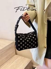 1PC New Women's Vintage Rivet Underarm Bag, Shoulder Small Bag, Durable Suede Zipper Closure Portable Baguette Bag, Street Style Hot Girl Daily Commute Handbag, Suitable For Daily Outings, Shopping, Dating And Other Occasions - Multi-color - View 3