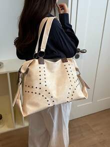 Fashion Solid Color Large Capacity Commuter Practical Handbag, Elegant Versatile Rivet Inlaid Textured Women's Shoulder Bag, Suitable For Shopping, Wallet, Shopping, Young Women, College Students, Newcomers, White-Collar Workers. They Are Perfect For Office, University, Work, Business, Commuting, Outdoor Activities, Travel And Outings - Beige - View 6