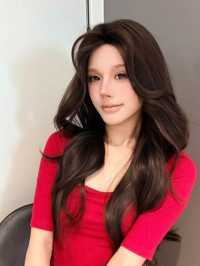 alicegarden 28-Inch Long Synthetic Wig Featuring A Natural Wavy Style In A A Stunning Black-Brown. Middle Part Design , This False Hairpiece Is Perfect For Ms Daily Party Cosplay Use, Offering A Natural And Natural Durable Wig Gift For Ladies.