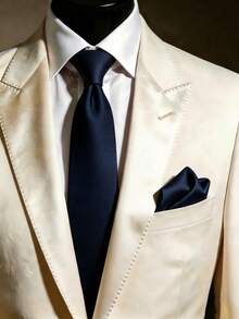 1件裝男士8cm純色羅紋領帶與口袋巾套組，婚禮派對新郎領帶套組 - 藏蓝色 - 查看 1
