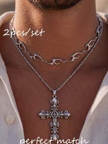 1pc Men's Versatile Hip-Hop Asymmetric Flame Pendant Necklace, Fade-Resistant - Silver - View 5