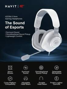 HAVIT H2230D 环绕立体声游戏耳机，外观优雅，轻巧舒适 - 白+灰 - 查看 2