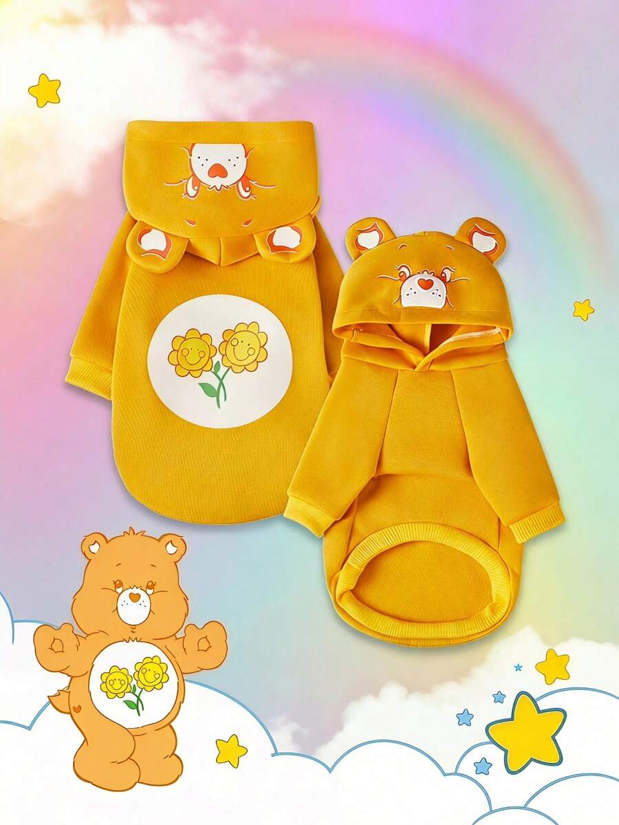 Care Bears X PETSIN 1件装 朋友熊宠物猫狗通用连帽衫 可爱小熊印花 3D 耳朵装饰 黄色舒适狗狗连帽衫 - 黃色 - 查看 1