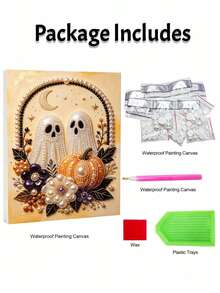 1pc/3pcs Pearl Painting Set Halloween Ghost Round Half Pearl Rhinestone Art Craft For Adults Home Wall Decoration Surprise Holiday Gift, Unframed - No Frame - View 7