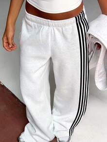 Women Wide Leg Sweatpants Grey, Casual Commute Drawstring Waist Long Pants, Autumn - Grey - View 2