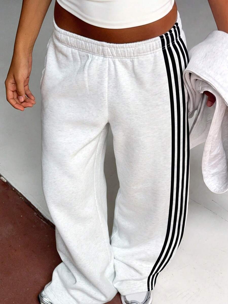 Women Wide Leg Sweatpants Grey, Casual Commute Drawstring Waist Long Pants, Autumn - Grey - View 1