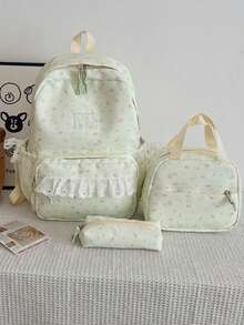 Dedoo 3pcs Backpack, Lunch Bag, Pencil Case Set, All-Over Floral Print, Waterproof Lace Trim Multi-Zipper Pockets, Large Capacity Storage, Suitable For Teenagers School Daily Use - Mint Green - View 3