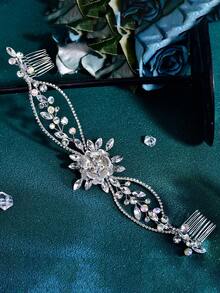 1pc Elegant Alloy Flower Rhinestone Bridal Hair Comb Women Hair Accessory For Wedding Party Event Daily Wear - Silver - View 6